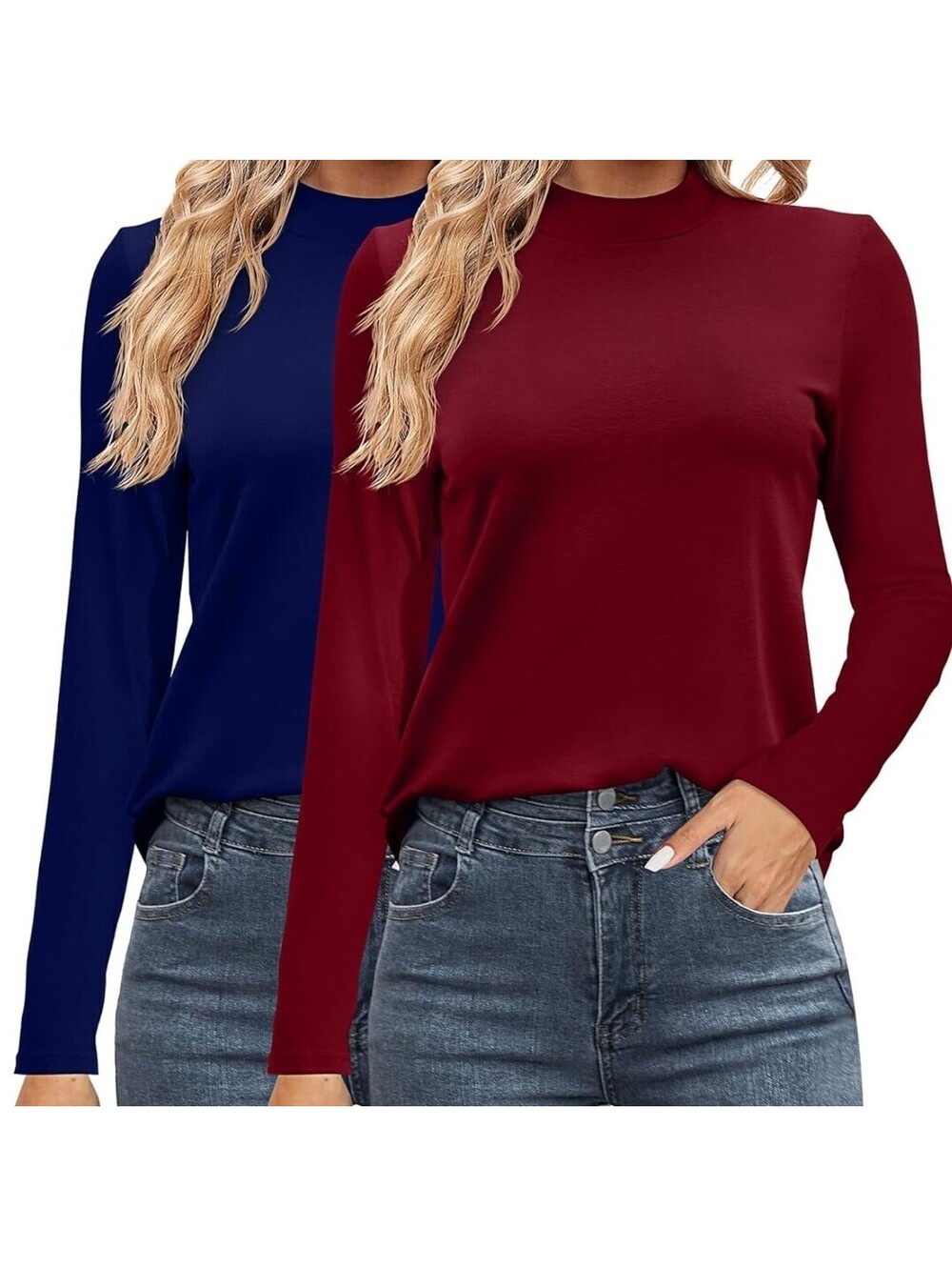 Ficerd 2 Pack Women's Mock Neck Shirt Long Sleeve Navy Blue & Red Wine Sz. L NEW